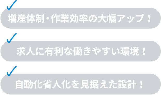 ・増産体制・作業効率の大幅アップ!・求人に有利な働きやすい環境!・自動化省人化を見据えた設計!