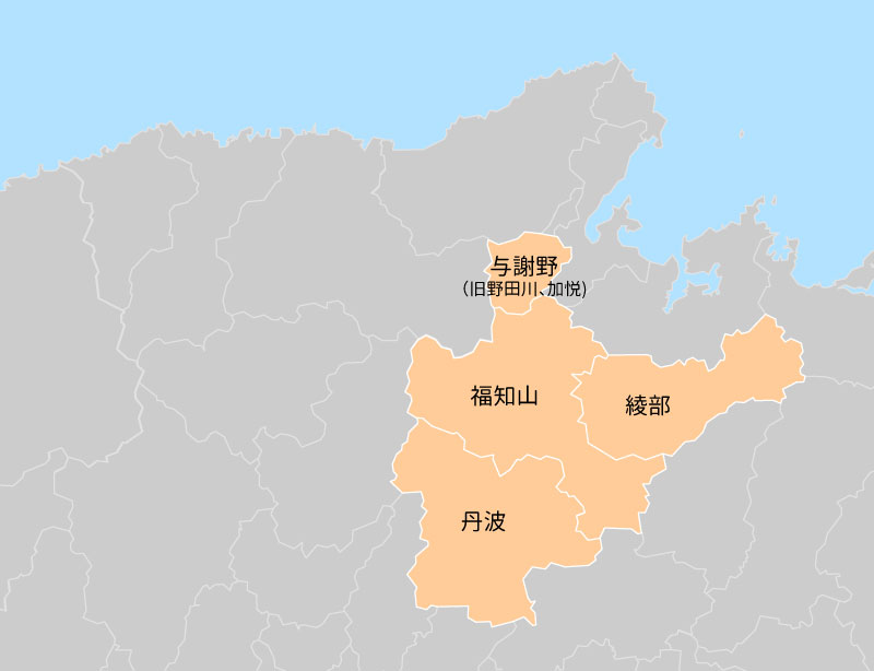 リフォーム対応エリア地図（京都府福知山市、綾部市、与謝野町（旧野田川、加悦）、兵庫県丹波市）